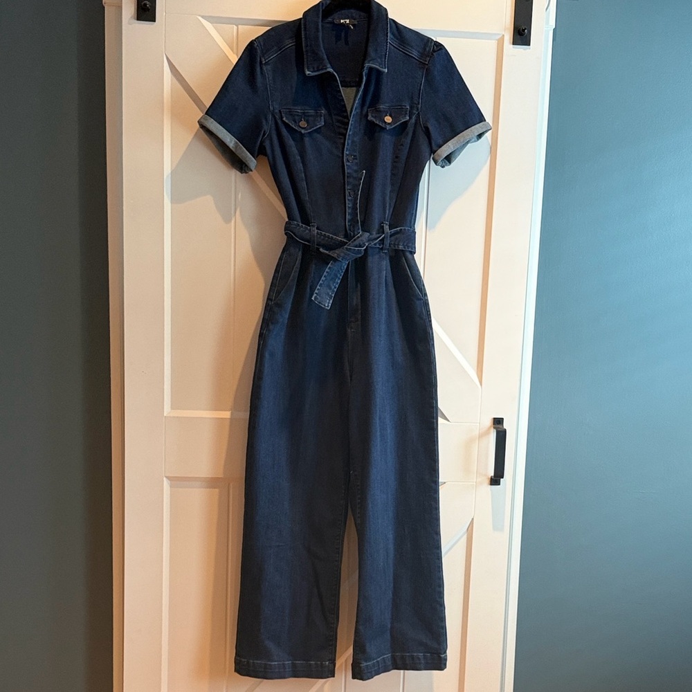 PAIGE Dark Blue Denim Short-Sleeve Jumpsuit